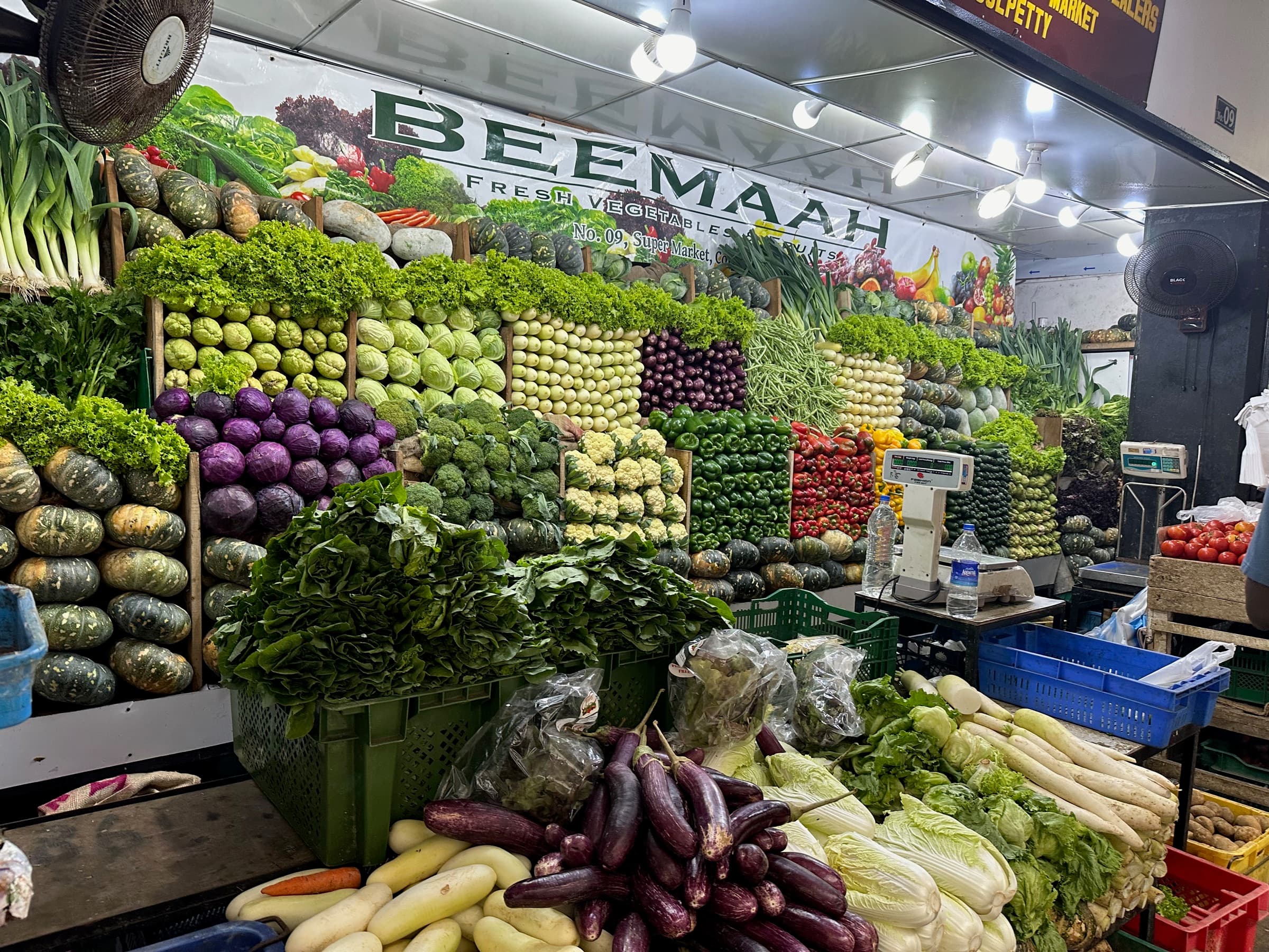 Fresh vegetables and produce at a Sri Lankan market stall